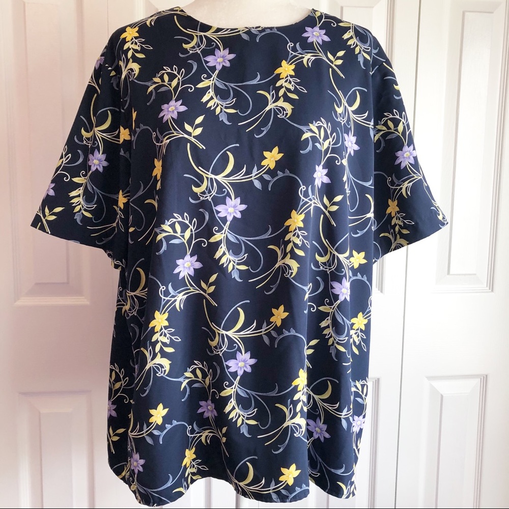 Vintage Liz Baker Navy Blue Dark Floral Print Short Sleeve Blouse 20W
